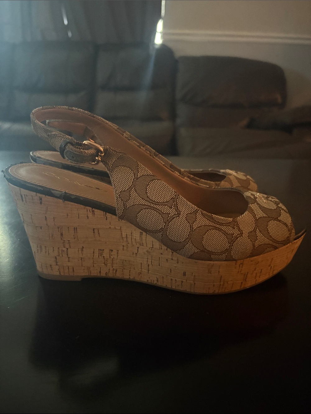 Vintage Coach Signature Canvas Peep-Toe Slingback Wedges - Picture 3 of 4